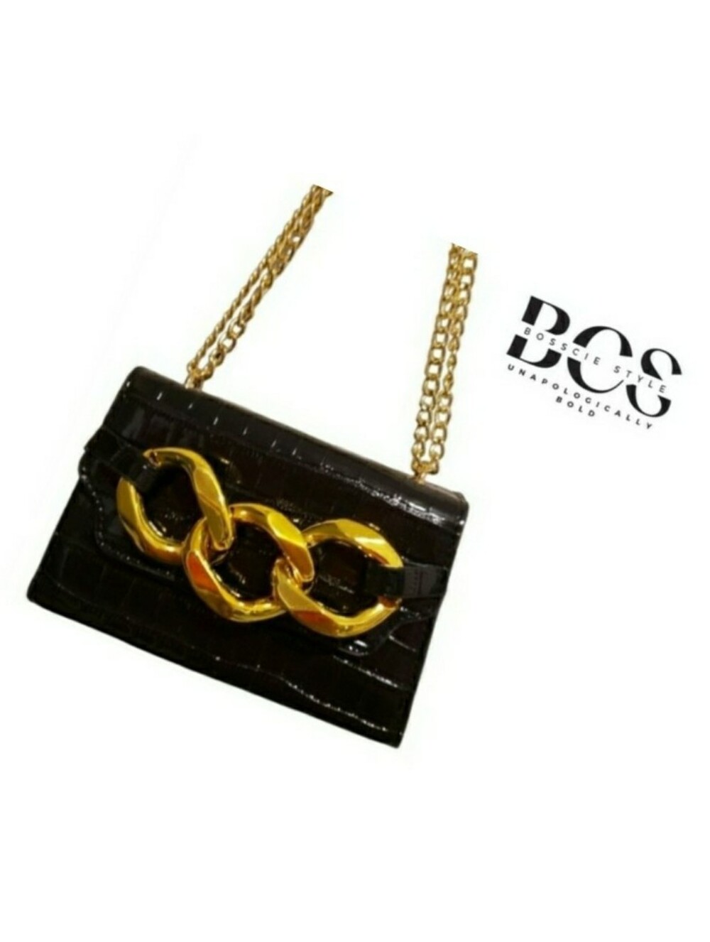 Faux Crocodile Embossed Cross Body Bag with Chunky Chain Detail